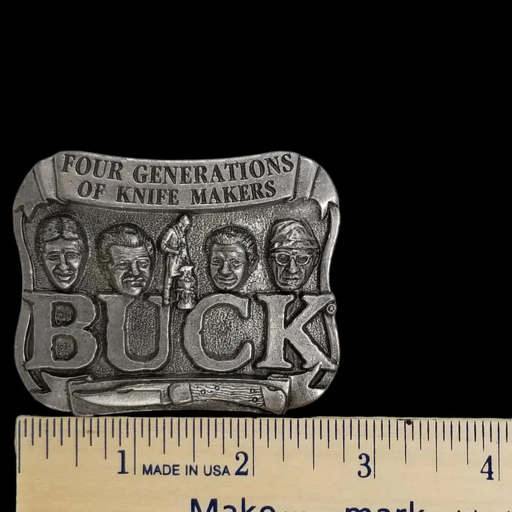 Buck Four Generations Knife Makers Silver Tone Pewter Vintage Belt Buckle‎
